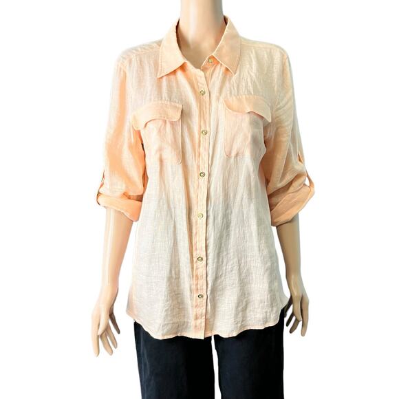 Calvin Klein Peachy Yellow Linen  Blouse Large Button Up Roll Tab Sleeves Large - Picture 1 of 5